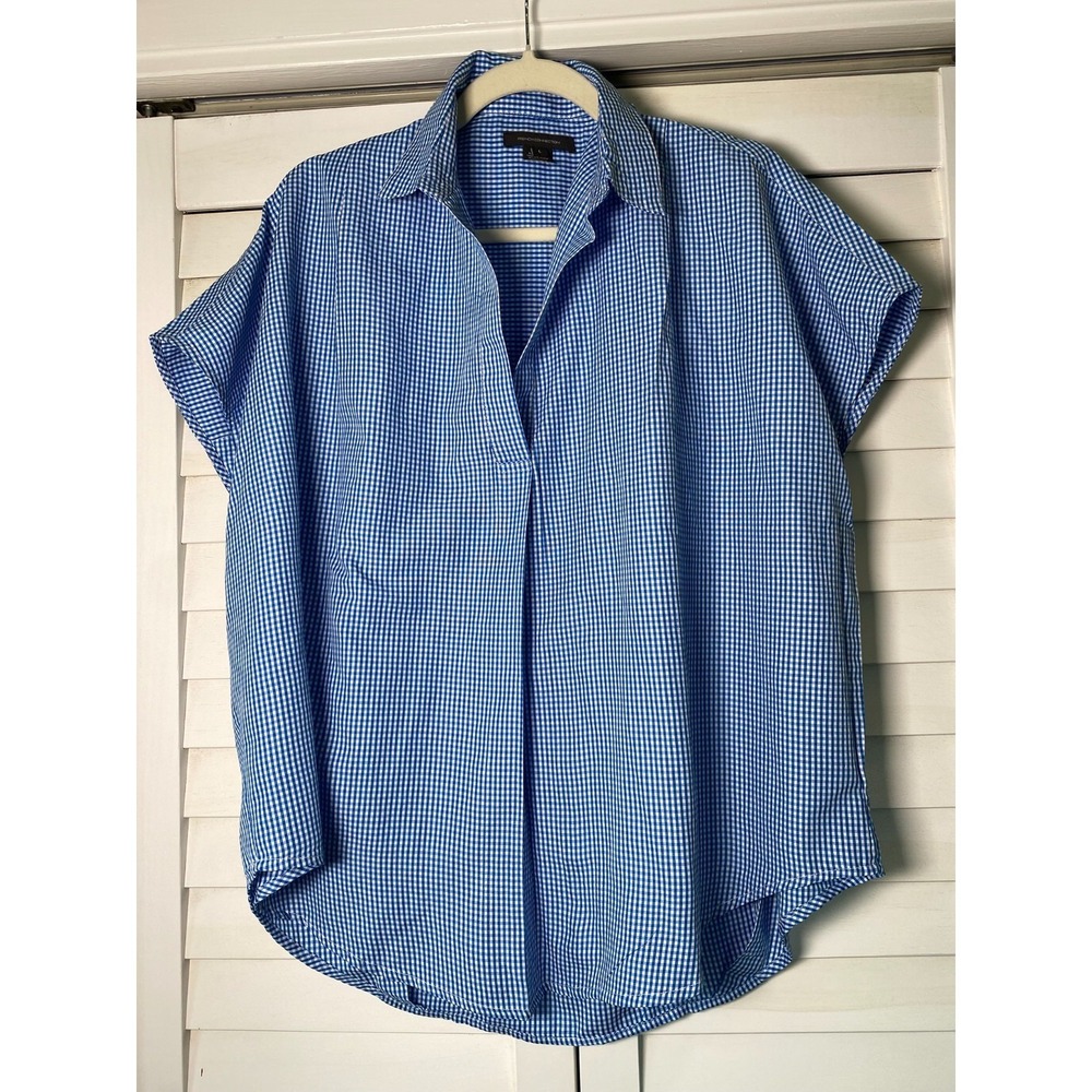 NEW French Connection Women's Blue Gingham Short Sleeve Oversized Blouse Top L